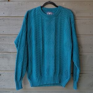 VTG 80s Lake Harmony Rowing Club 100% Cotton Crew Neck Teal Knit Sweater Medium